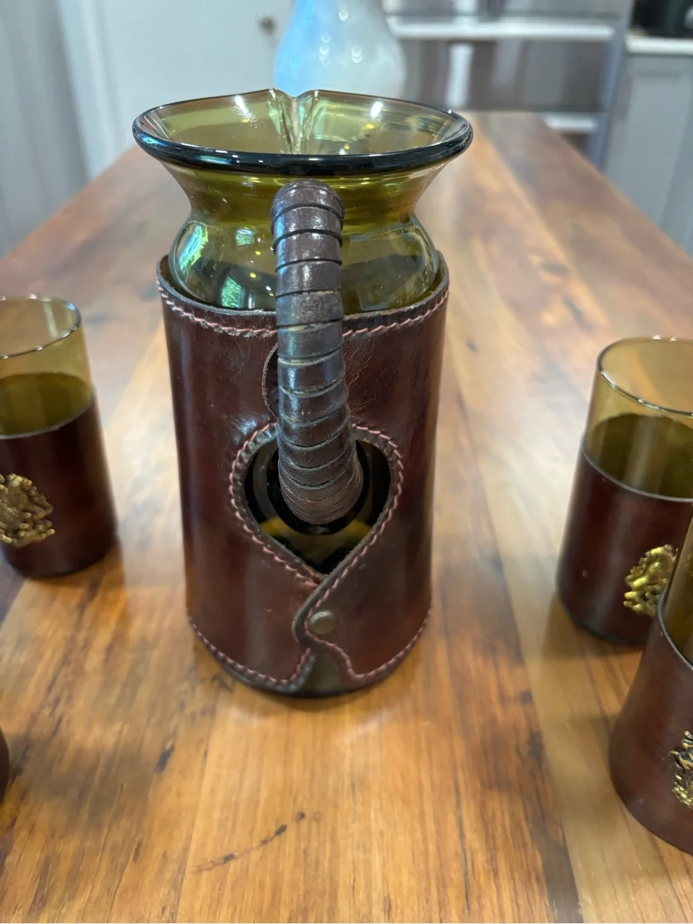 Vintage Italian Leather Wrapped Green Glass Pitcher & 5 Cocktail Glasses Set